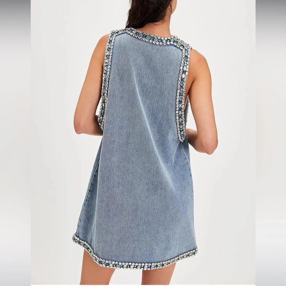 Pstchwork Diamonds Denim Dress V Neck Sleeveless Pullover Mini Dress - Picture 2 of 4